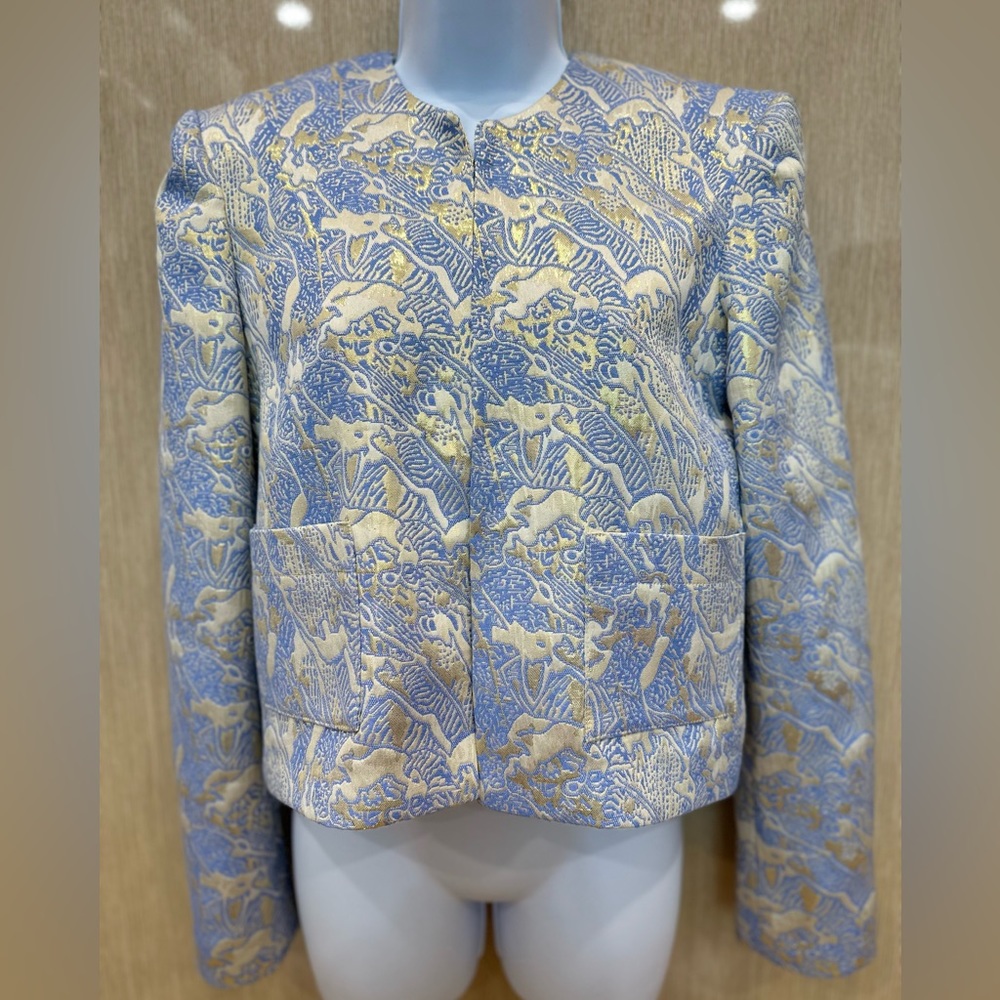 BLAZERBAR Bon Ton Jacquard Sky Blazer Gold Blue 100% Made in Italy Size 8
